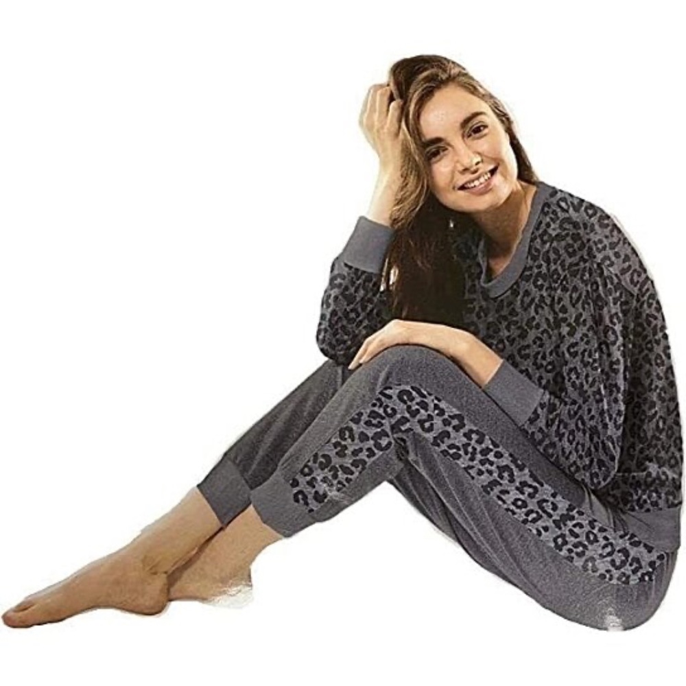 Splendid Ladies' Jogger and Crew Neck Set-Charcoal Heather Leopard-Large